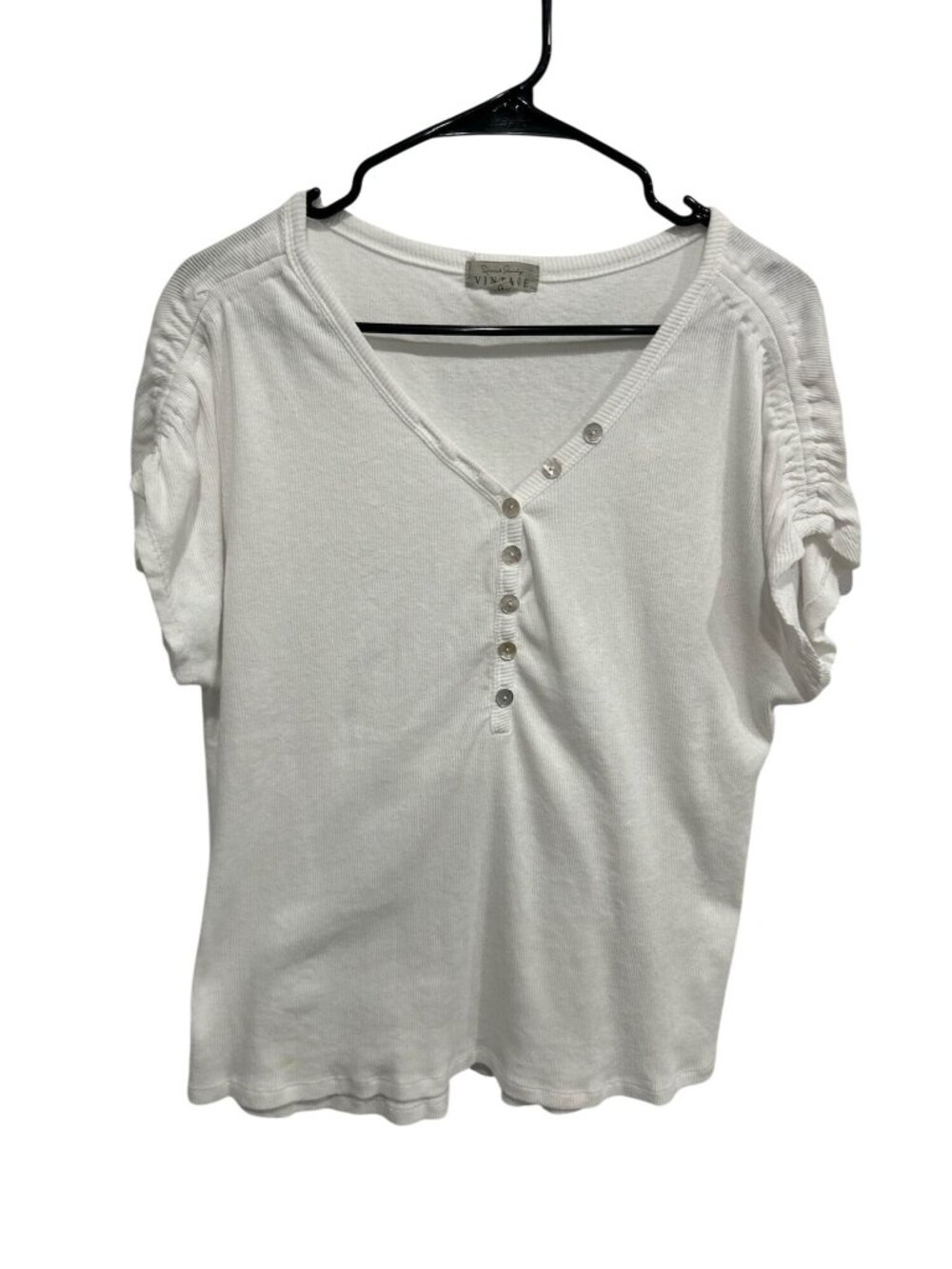 French Laundry Vintage Large White Ruched Sleeve Henley Top Cottagecore Boho